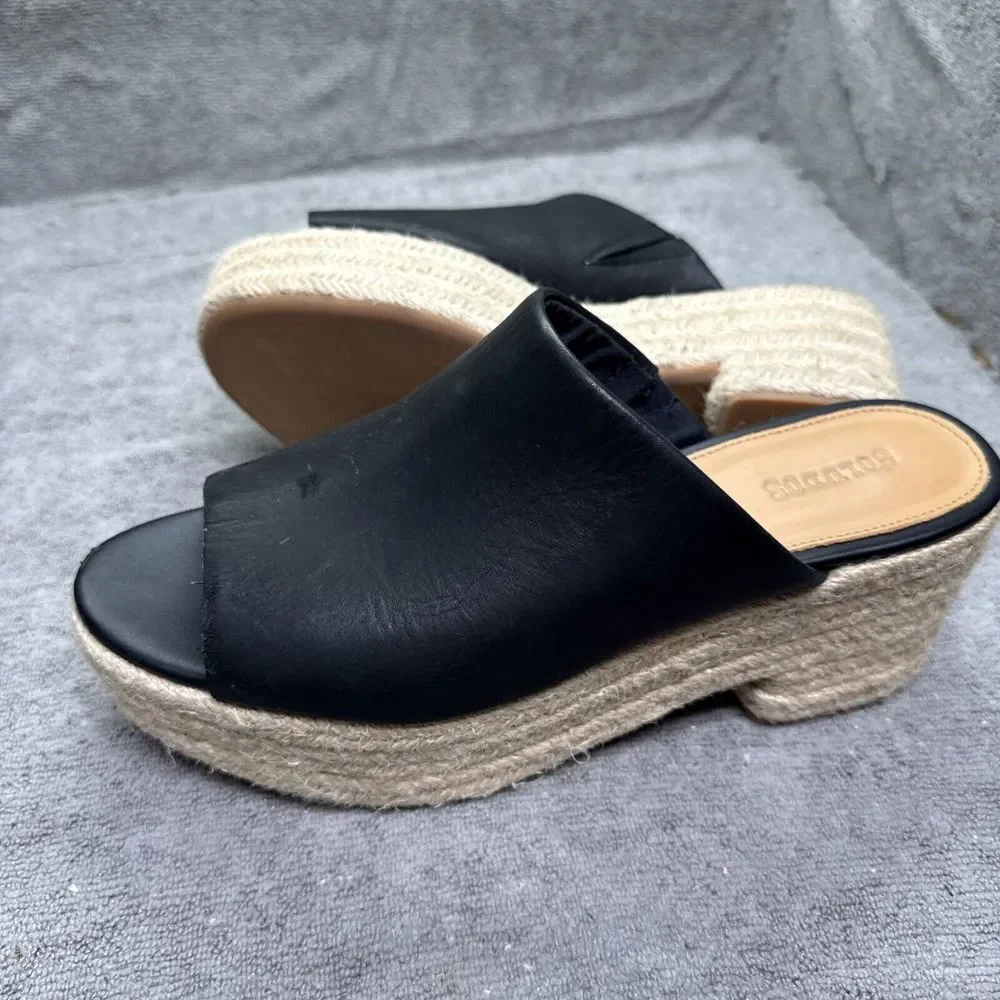 Ravello Leather Platform Espadrille Slides Womens 8 Black‎ Heels Slip On Slides